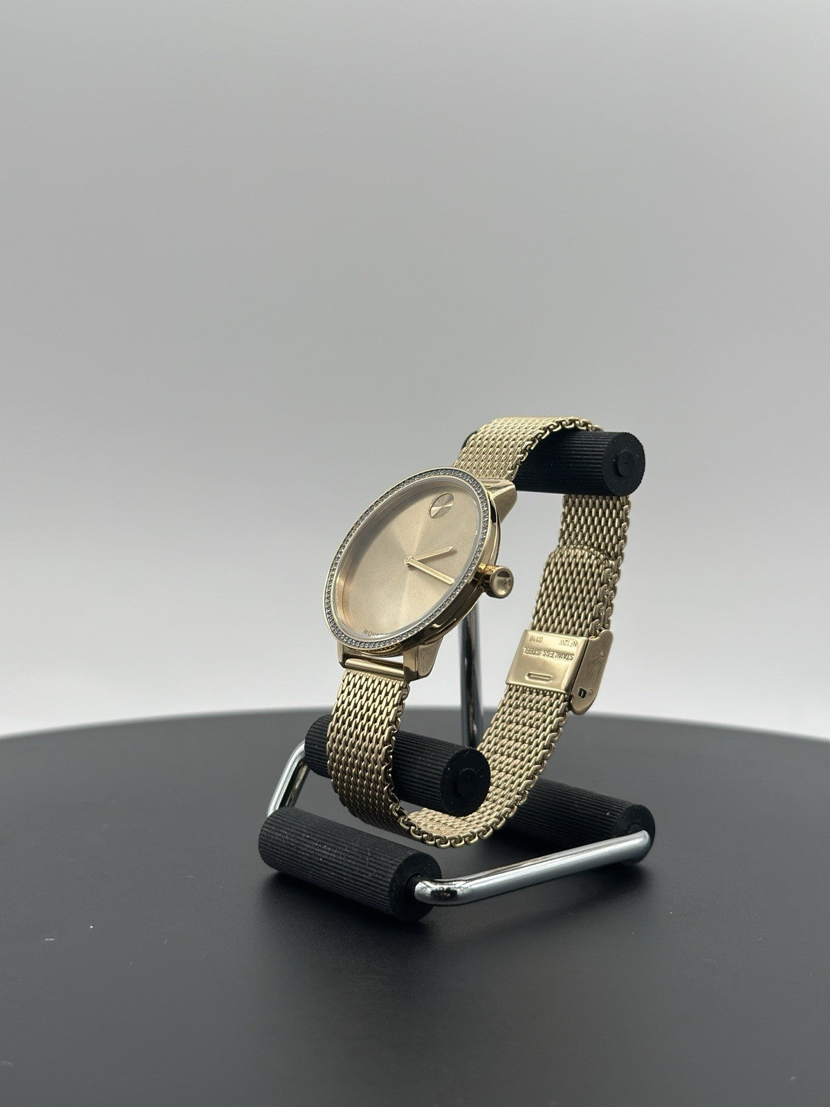 MOVADO BOLD 3600656 SHIMMER GOLD CRYSTAL BEZEL MESH LADIES SWISS WATCH 34 MM
