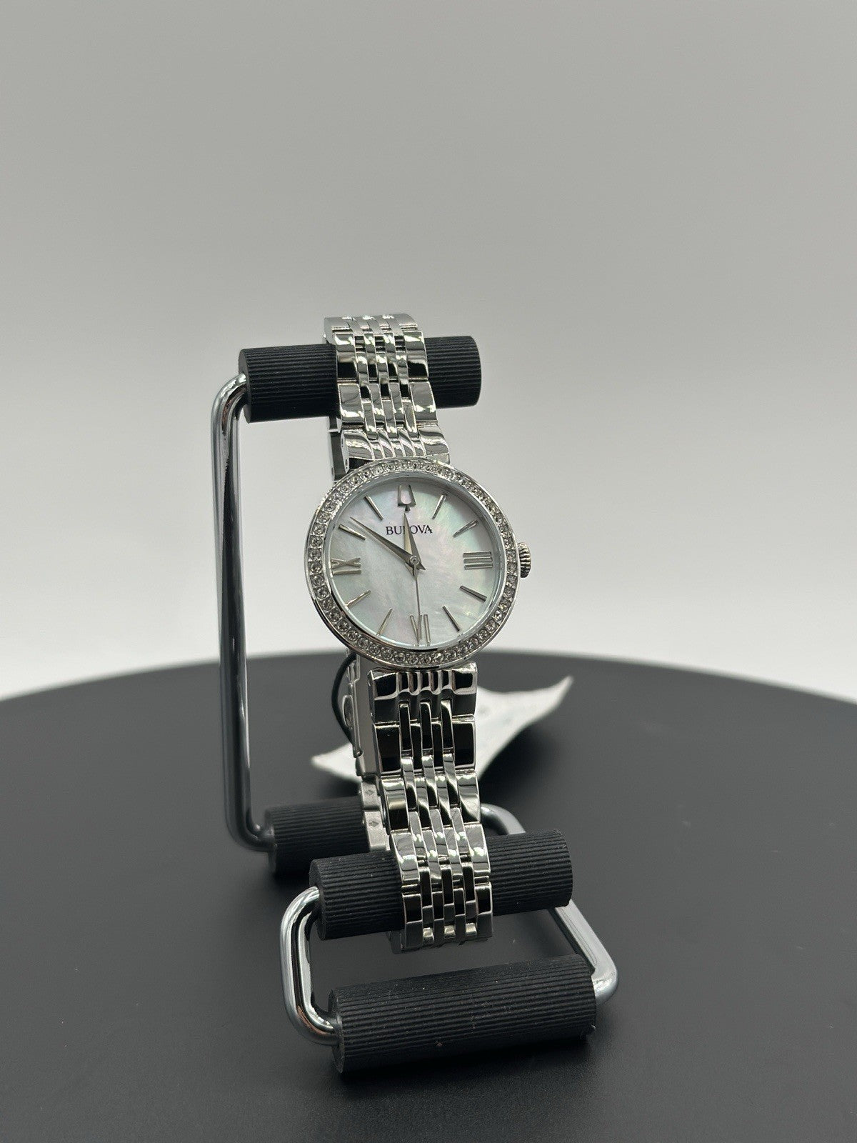 Bulova Women's Crystals Earrings Necklace Watch Set Silver 30MM 96X149