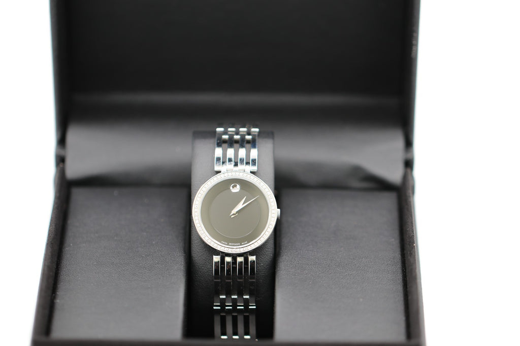 Movado Womens Watch 0607052 Esperanza Diamond Black Dial Swiss Quartz Steel 28mm