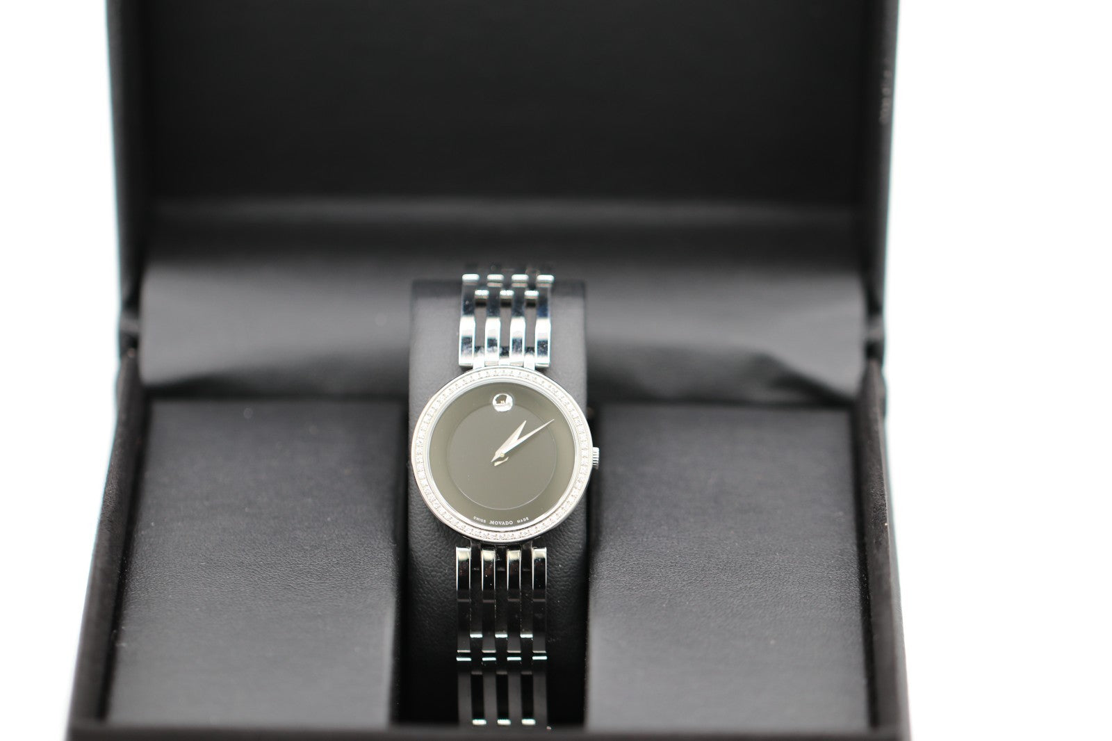 Movado Womens Watch 0607052 Esperanza Diamond Black Dial Swiss Quartz Steel 28mm