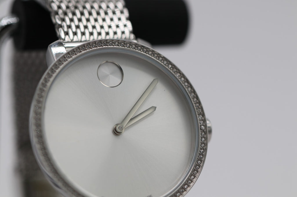 Movado Bold 3600840 Shimmer Silver Dial Mesh Band Crystal Accented Ladies Watch