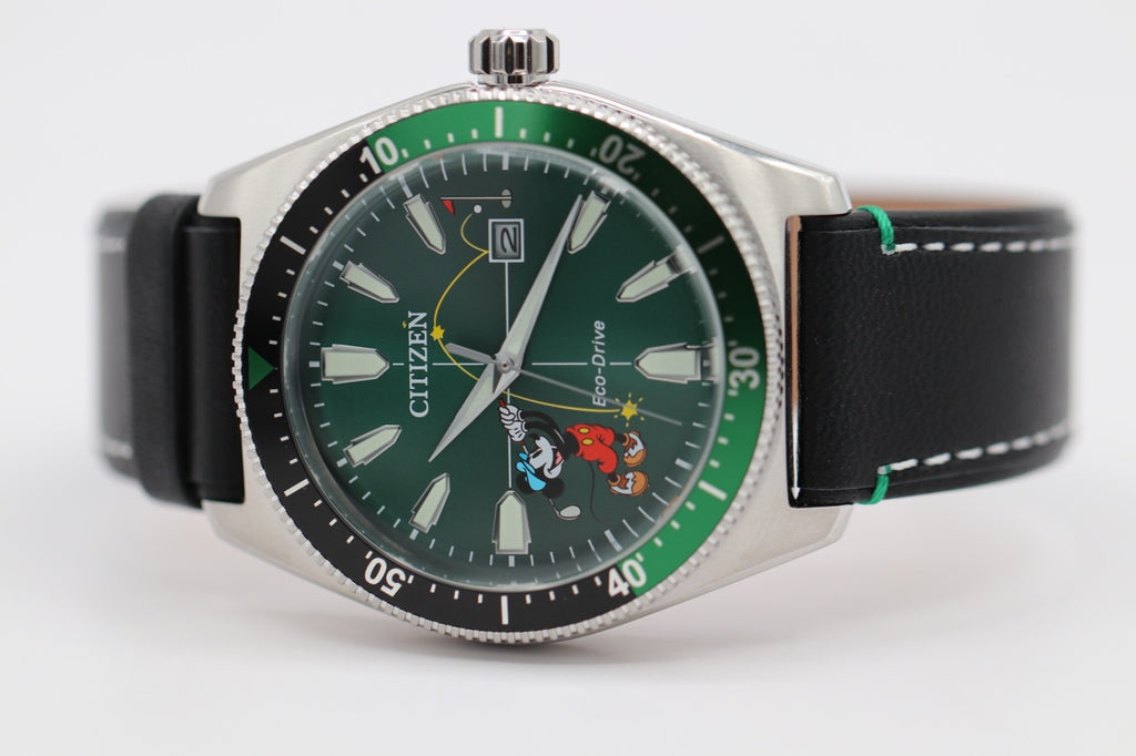 Citizen AW1595-01W Eco-Drive Mickey Mouse Watch Green Dial Black Leather Strap