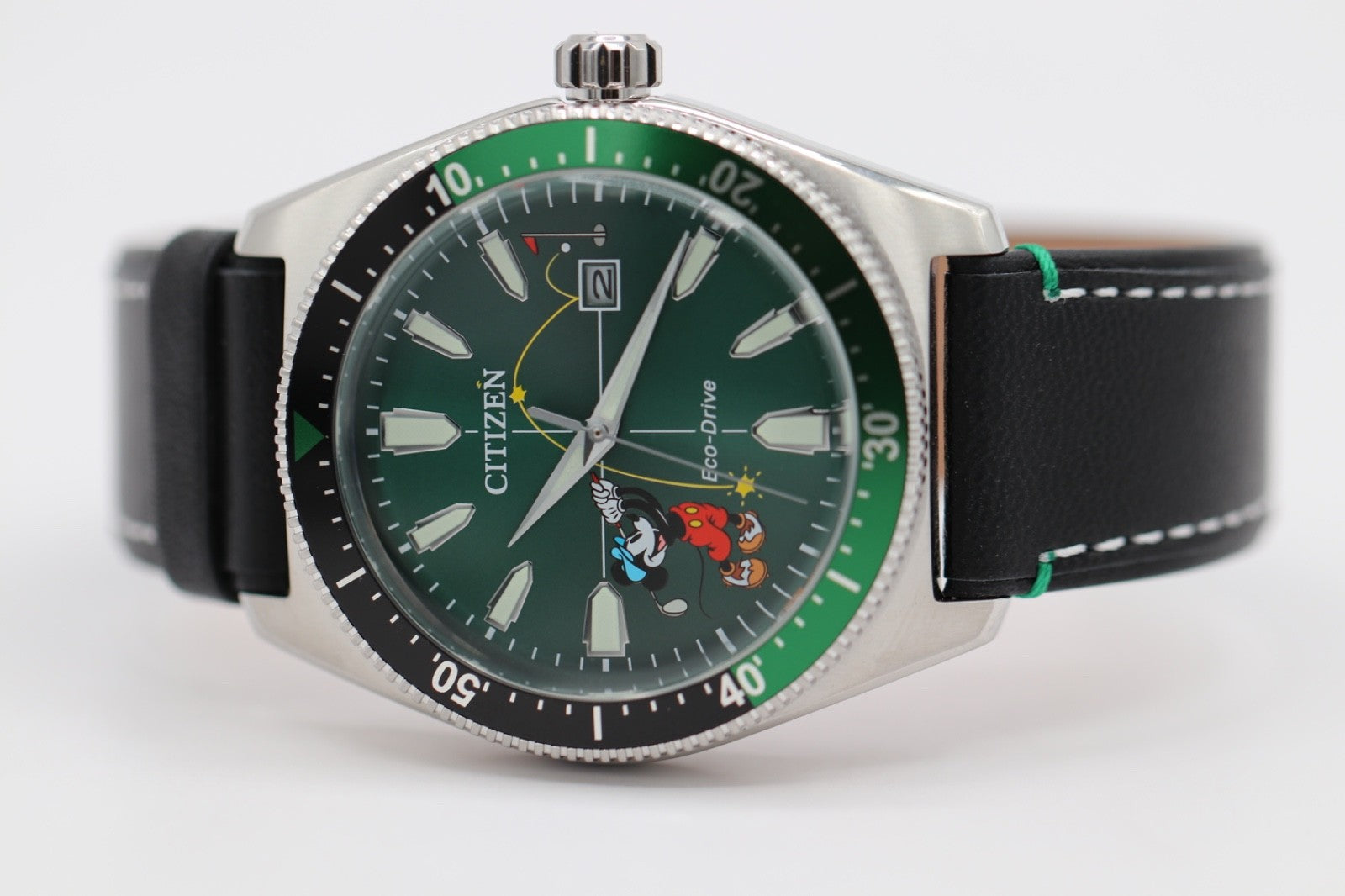 Citizen AW1595-01W Eco-Drive Mickey Mouse Watch Green Dial Black Leather Strap