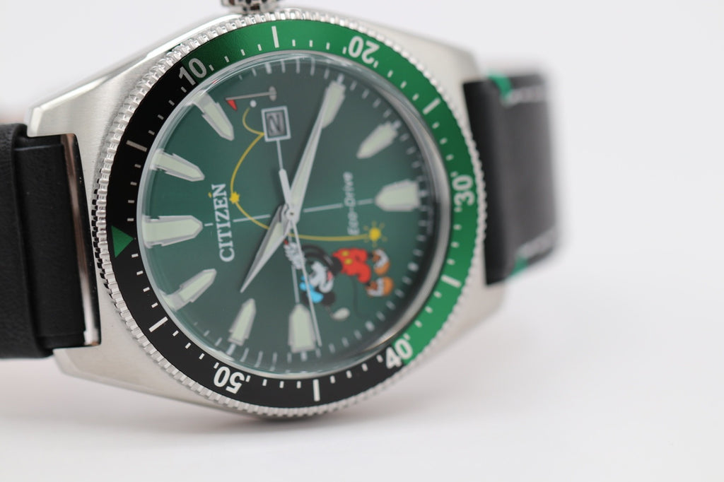 Citizen AW1595-01W Eco-Drive Mickey Mouse Watch Green Dial Black Leather Strap