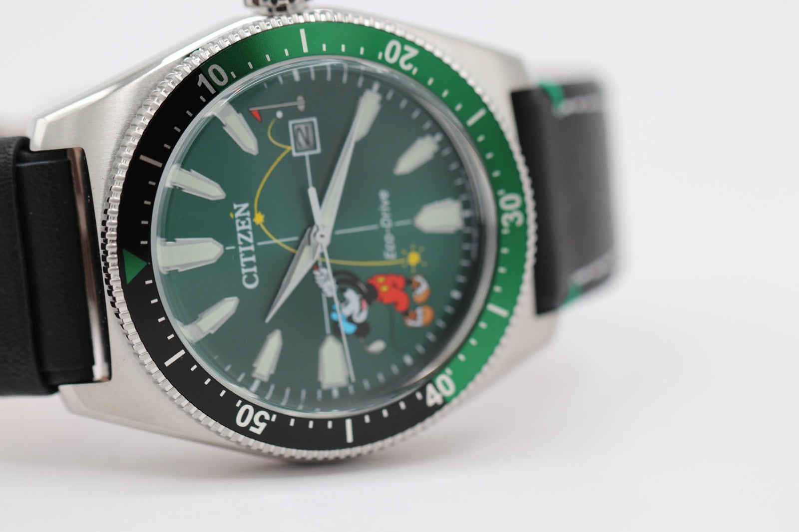 Citizen AW1595-01W Eco-Drive Mickey Mouse Watch Green Dial Black Leather Strap