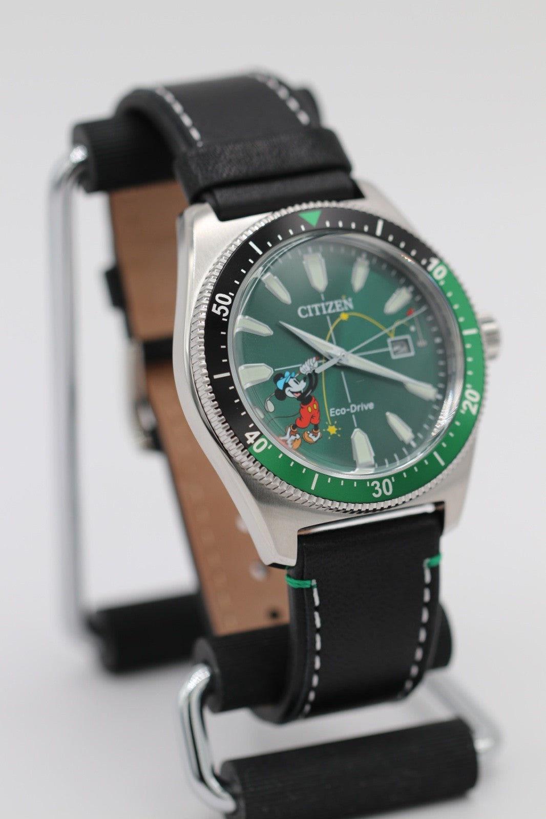Citizen AW1595-01W Eco-Drive Mickey Mouse Watch Green Dial Black Leather Strap