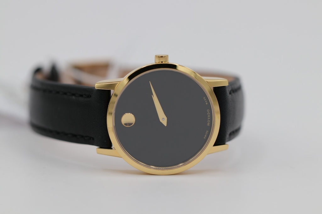 Movado Women's Watch 0607275 Swiss Quartz Gold Museum Black Dial Leather Band
