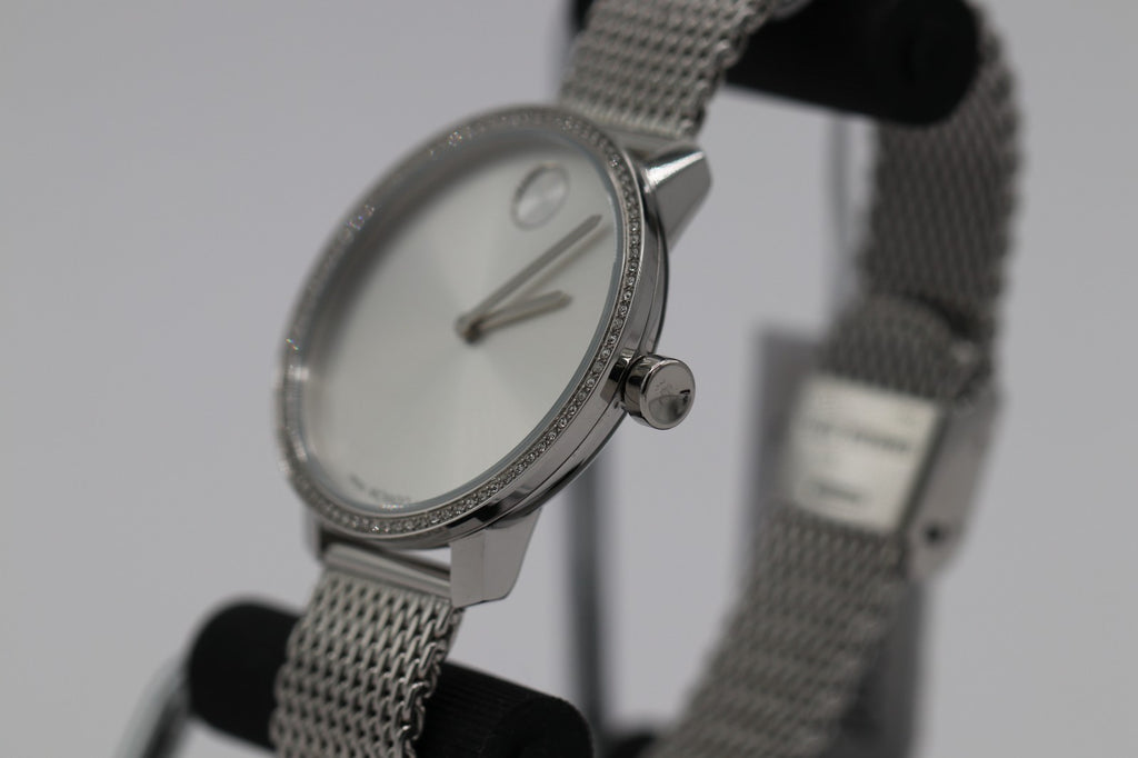 Movado Bold 3600840 Shimmer Silver Dial Mesh Band Crystal Accented Ladies Watch