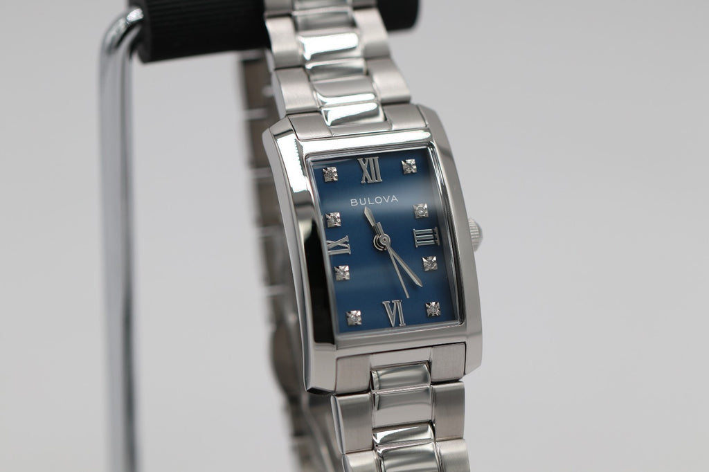 Bulova Classic Blue Abalone Diamond Ladies Tank Watch 96P262 Stainless Quartz