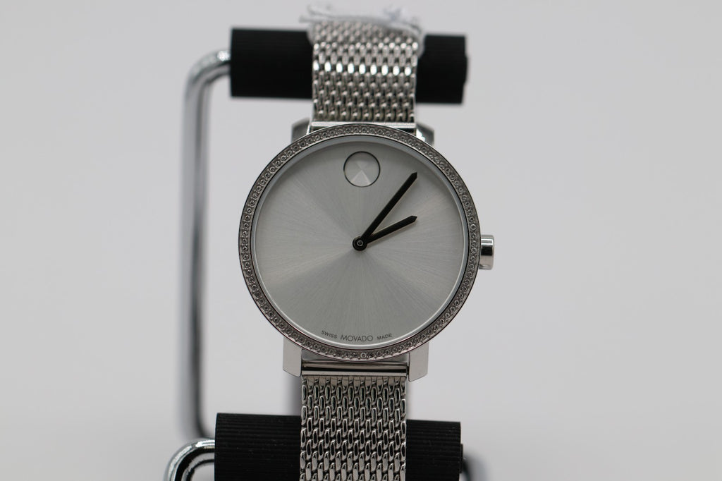 Movado Bold 3600840 Shimmer Silver Dial Mesh Band Crystal Accented Ladies Watch