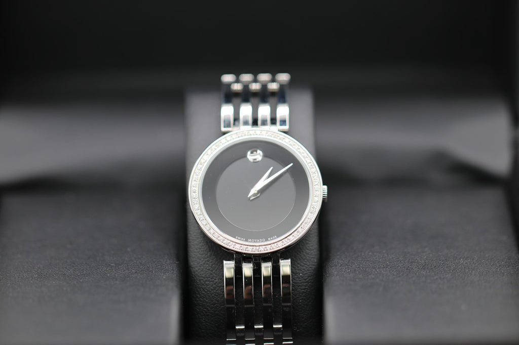 Movado Womens Watch 0607052 Esperanza Diamond Black Dial Swiss Quartz Steel 28mm