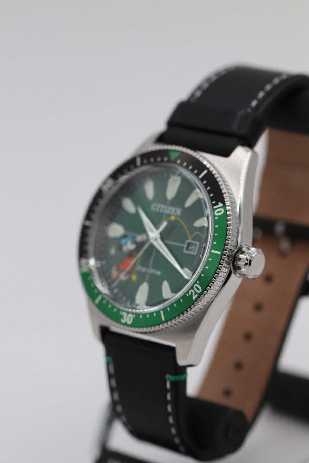 Citizen AW1595-01W Eco-Drive Mickey Mouse Watch Green Dial Black Leather Strap