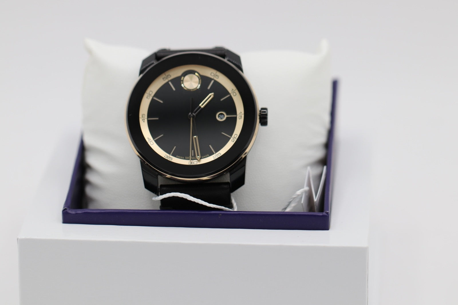 Movado Bold TR90 SWISS Quartz Black Dial Leather Strap Men's Watch 3601130