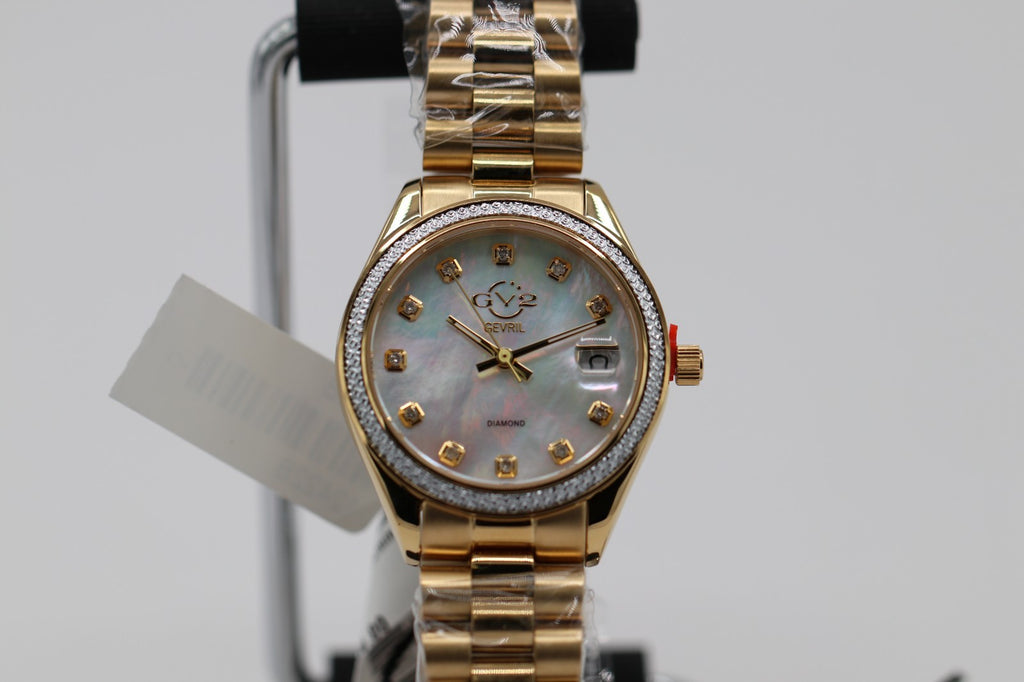 GV2 by Gevril Womens 12422B Turin Diamond MOP Dial IPYG Steel Swiss Quartz Watch
