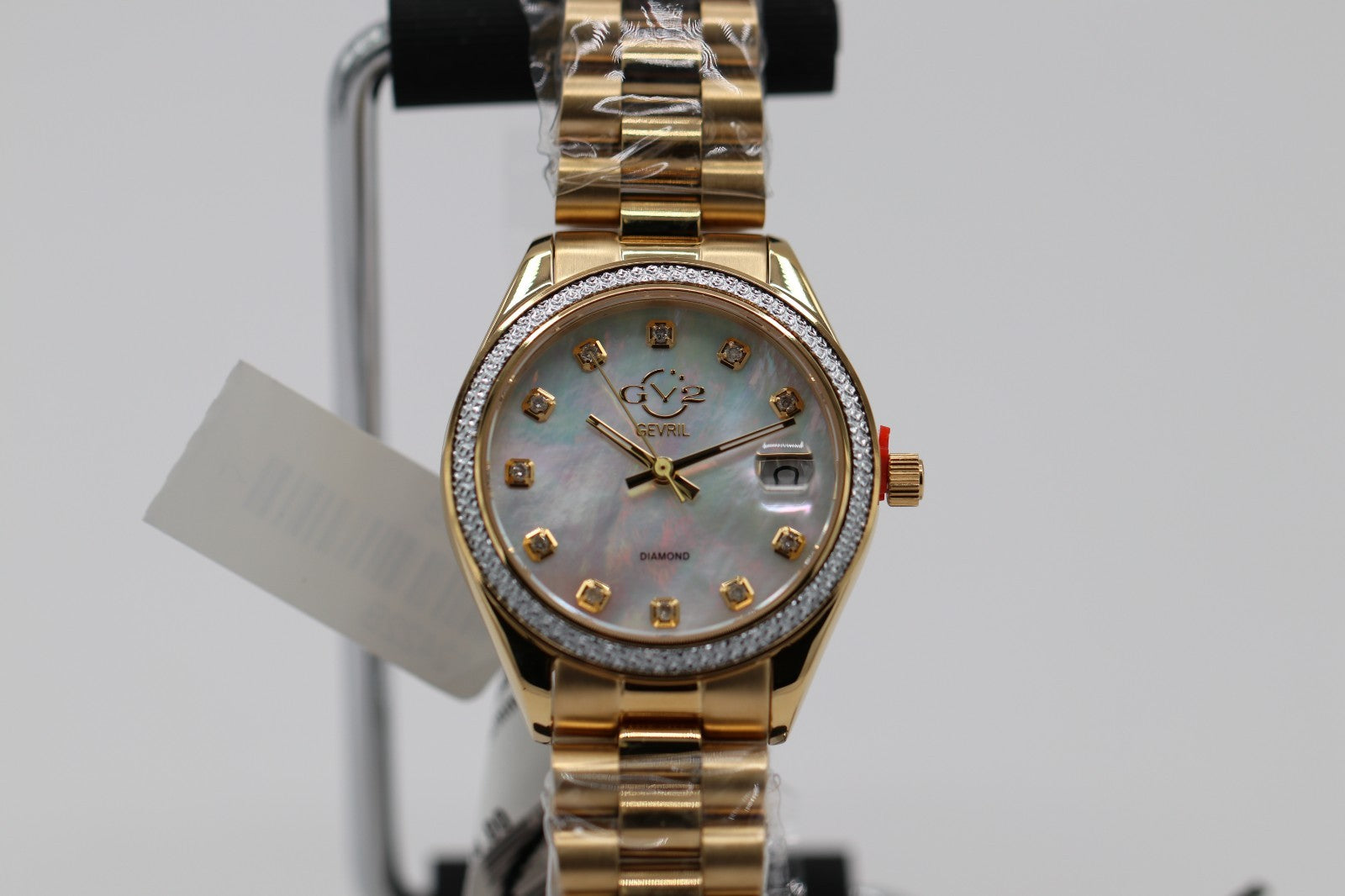 GV2 by Gevril Womens 12422B Turin Diamond MOP Dial IPYG Steel Swiss Quartz Watch