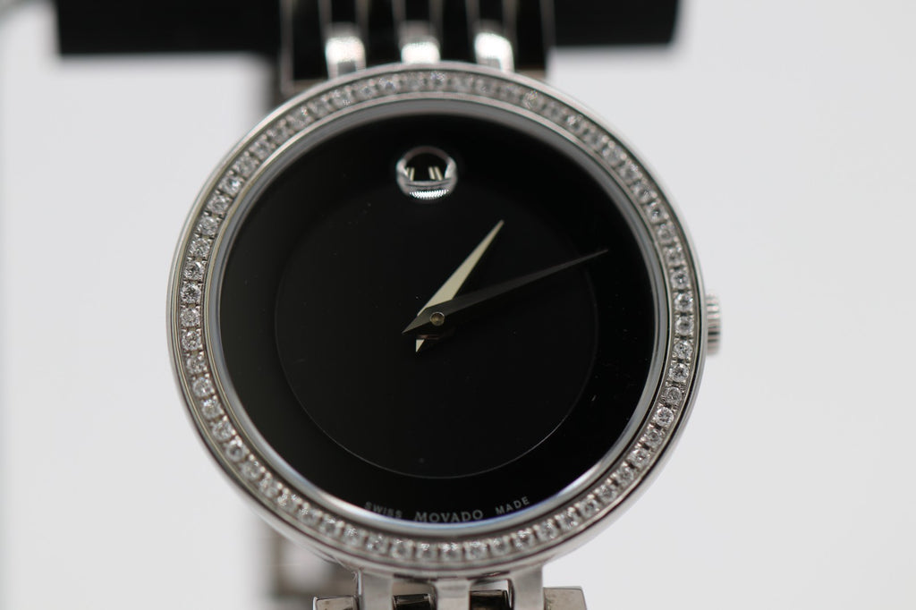 Movado Womens Watch 0607052 Esperanza Diamond Black Dial Swiss Quartz Steel 28mm