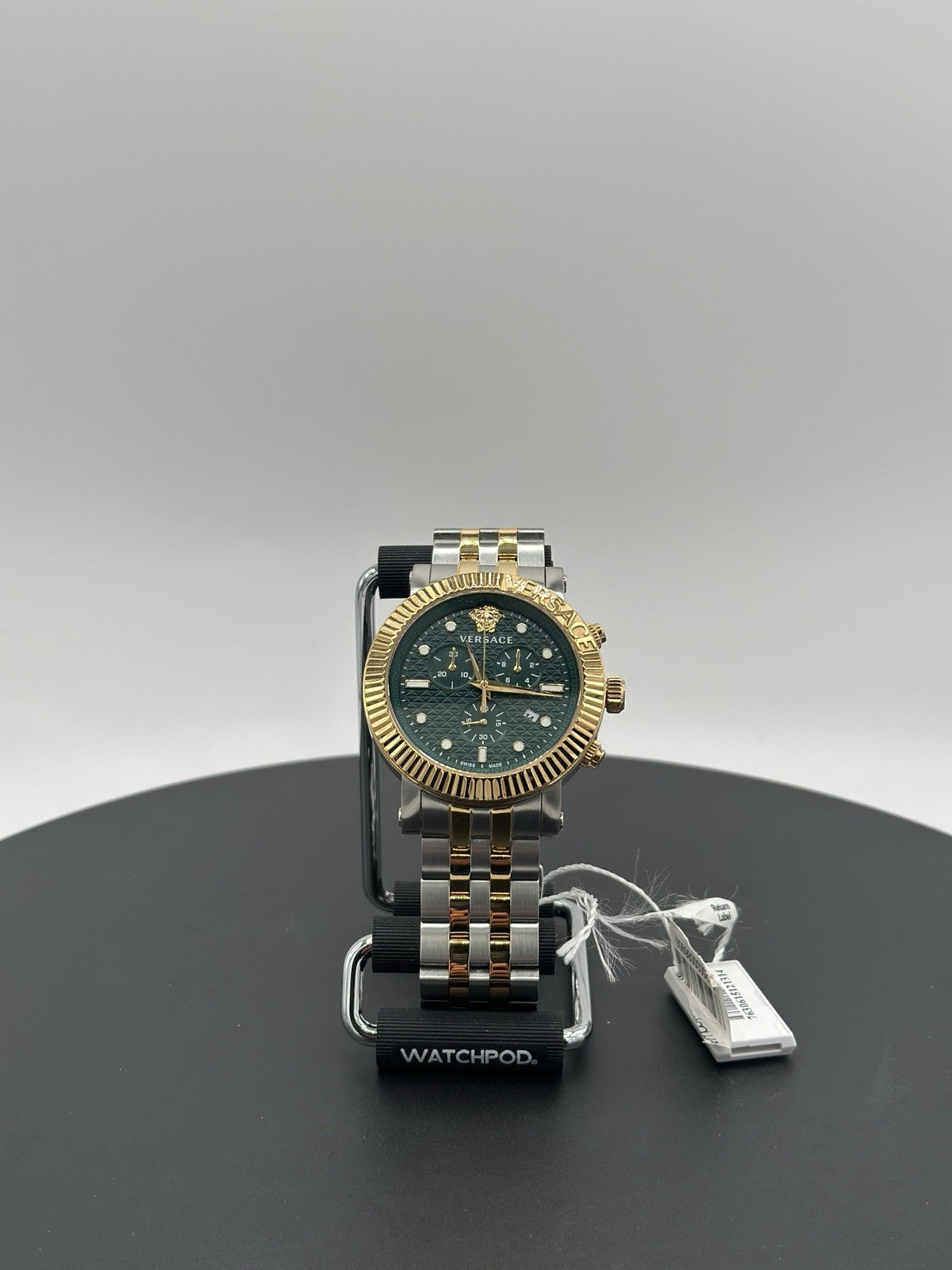 Versace V-Chrono Quartz Green Dial Two Tone Stainless Steel Mens Watch VESQ00722