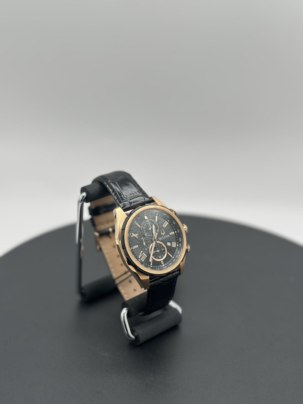 Bulova 98B388 39mm Rose Gold-Tone Stainless Steel Case with Black Leather Strap