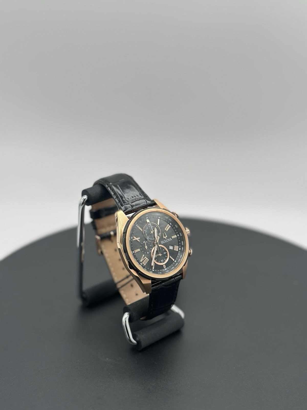 Bulova 98B388 39mm Rose Gold-Tone Stainless Steel Case with Black Leather Strap