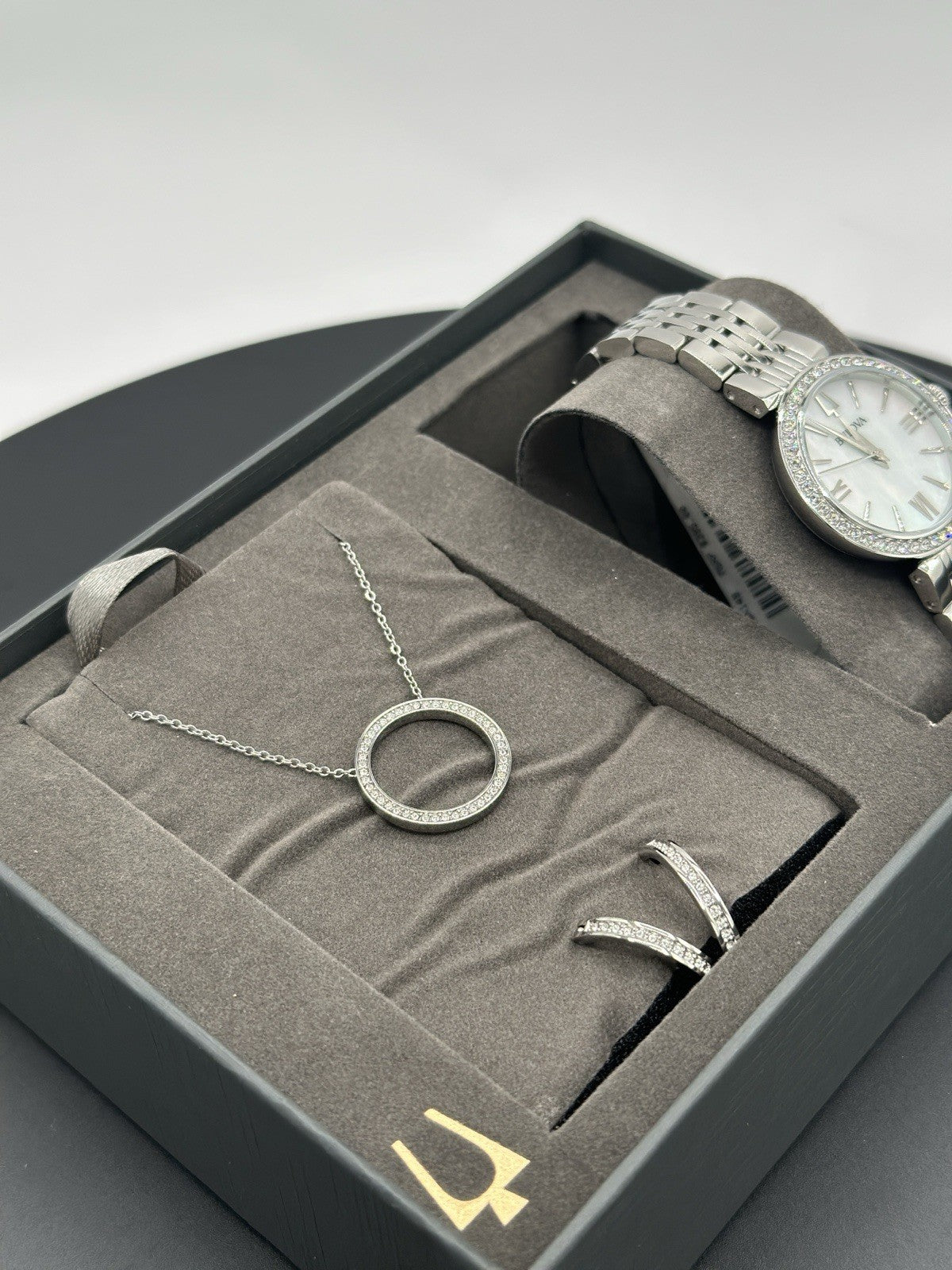 Bulova Women's Crystals Earrings Necklace Watch Set Silver 30MM 96X149