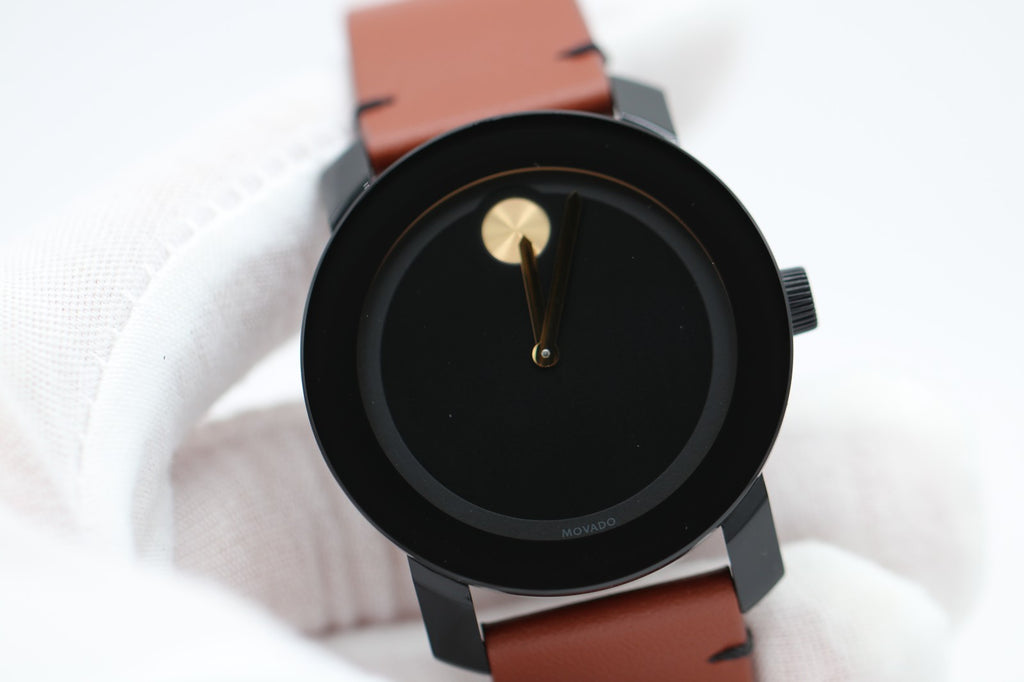MOVADO BOLD 3600305 42mm Black Stainless Steel Case Brown Leather Band