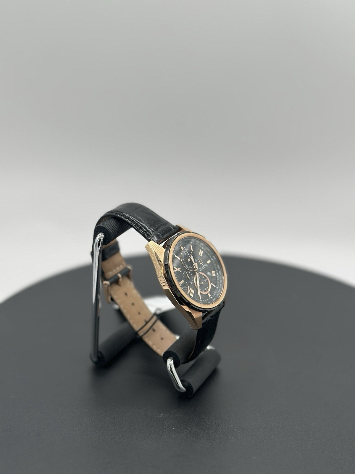 Bulova 98B388 39mm Rose Gold-Tone Stainless Steel Case with Black Leather Strap