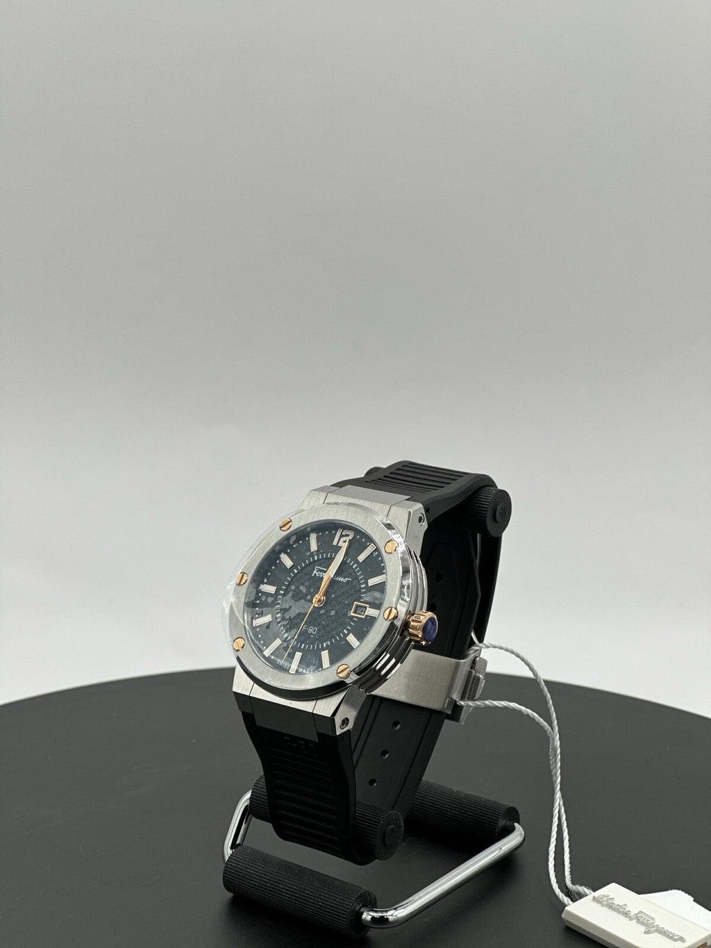 Salvatore Ferragamo F-80 44 mm Silver Stainless Steel with Black Rubber $1,195