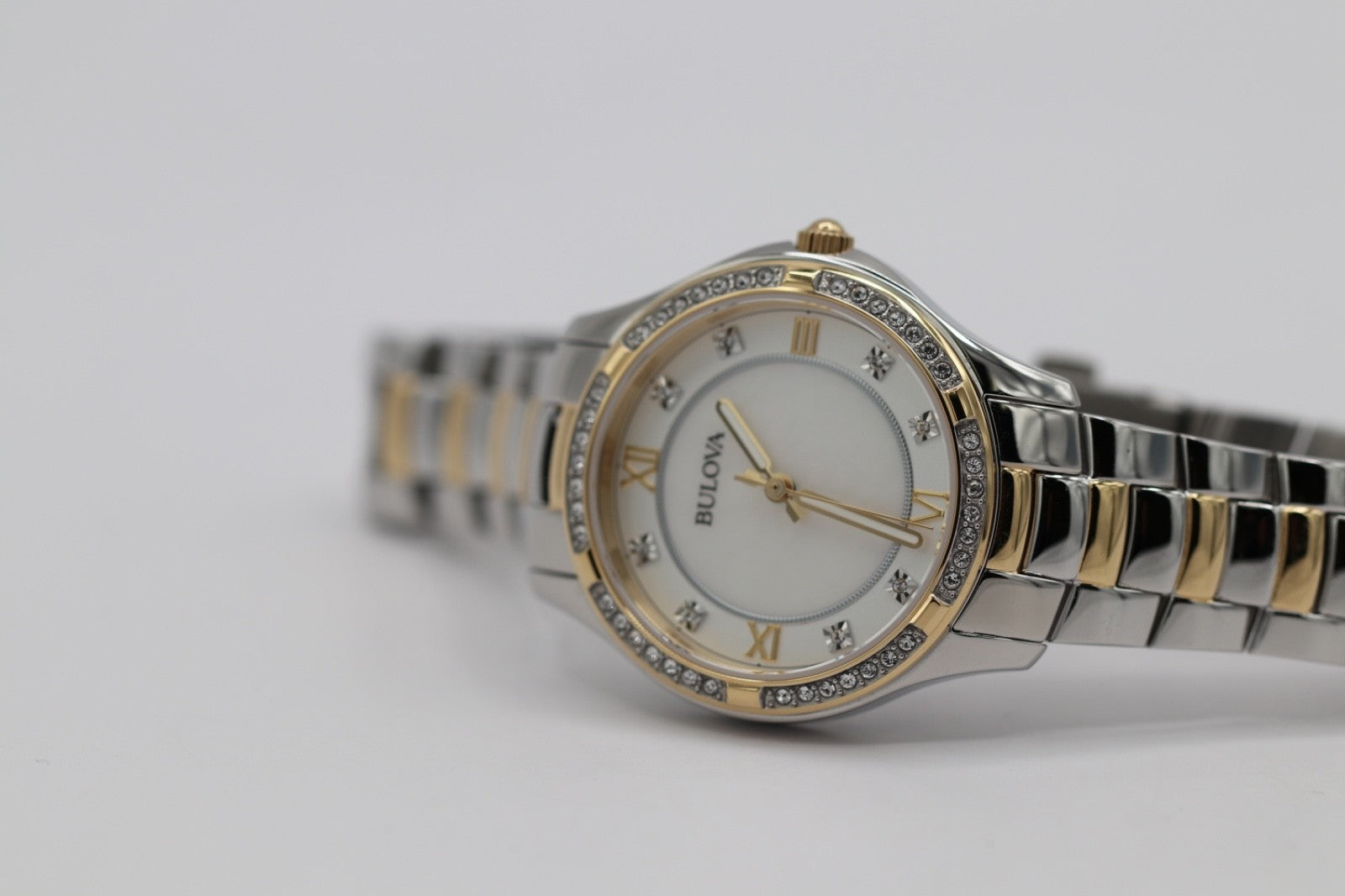 Bulova Crystal Watch Women 32mm MOP Dial Two Tone Crystal Bezel 98L255 A12