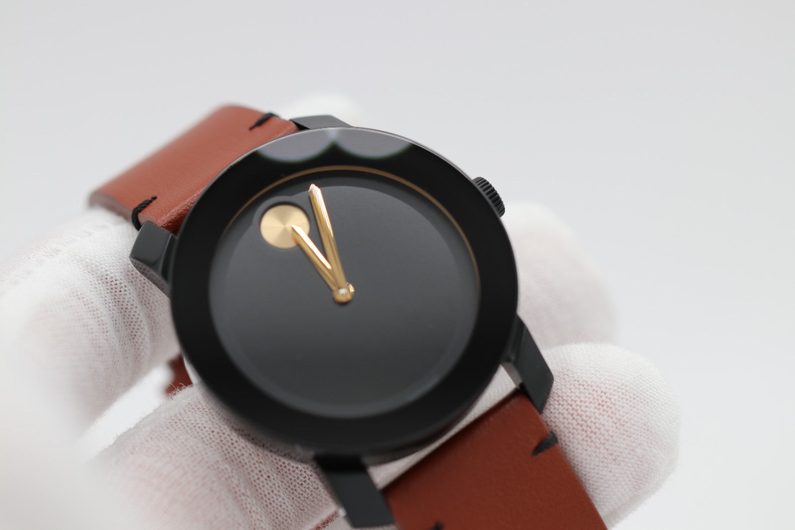 MOVADO BOLD 3600305 42mm Black Stainless Steel Case Brown Leather Band