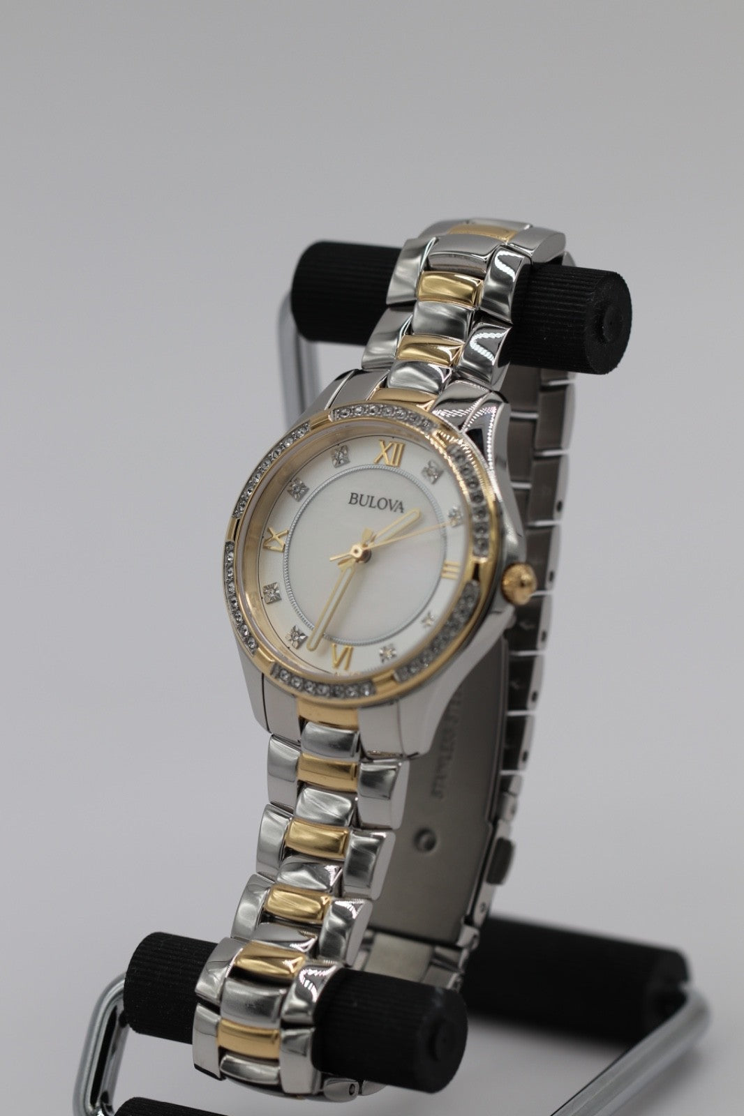 Bulova Crystal Watch Women 32mm MOP Dial Two Tone Crystal Bezel 98L255 A12