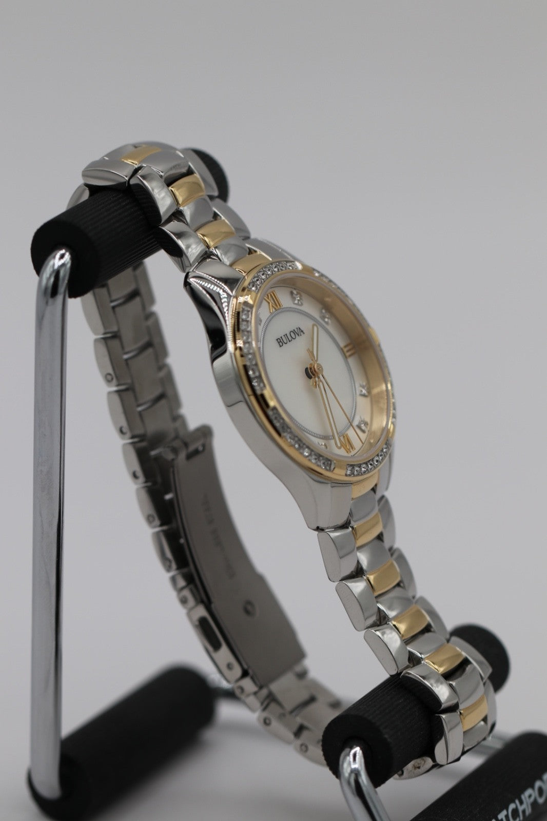 Bulova Crystal Watch Women 32mm MOP Dial Two Tone Crystal Bezel 98L255 A12