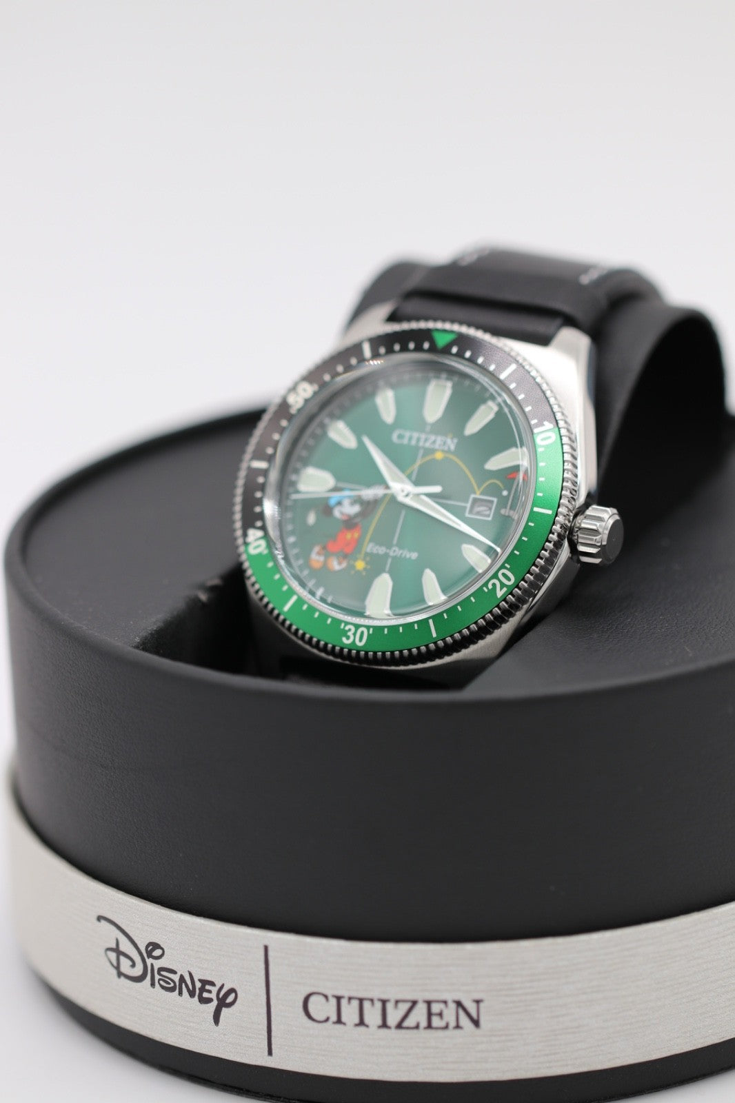 Citizen AW1595-01W Eco-Drive Mickey Mouse Watch Green Dial Black Leather Strap