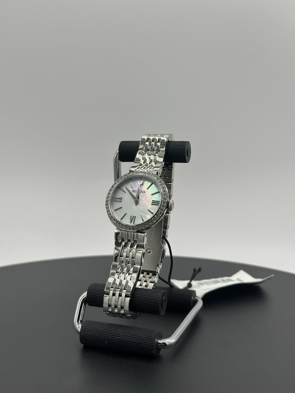 Bulova Women's Crystals Earrings Necklace Watch Set Silver 30MM 96X149