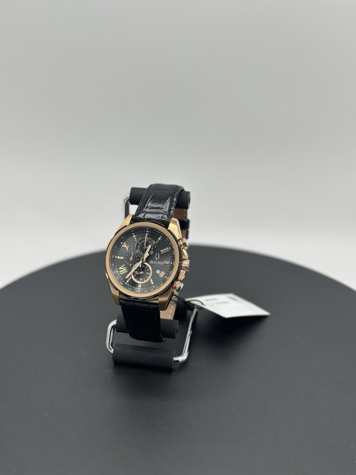 Bulova 98B388 39mm Rose Gold-Tone Stainless Steel Case with Black Leather Strap