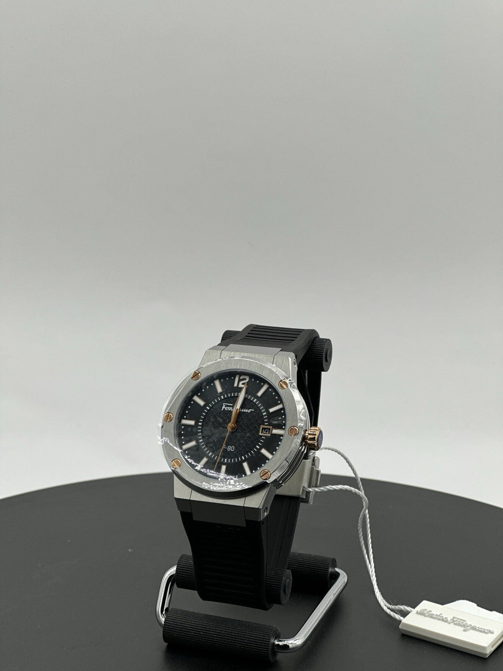 Salvatore Ferragamo F-80 44 mm Silver Stainless Steel with Black Rubber $1,195