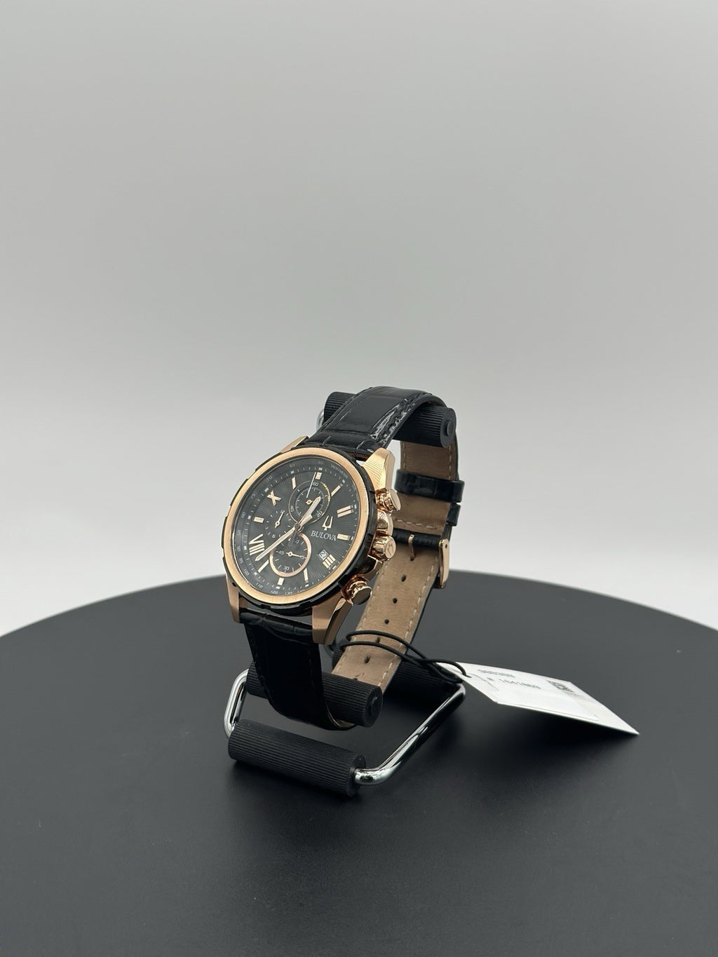 Bulova 98B388 39mm Rose Gold-Tone Stainless Steel Case with Black Leather Strap