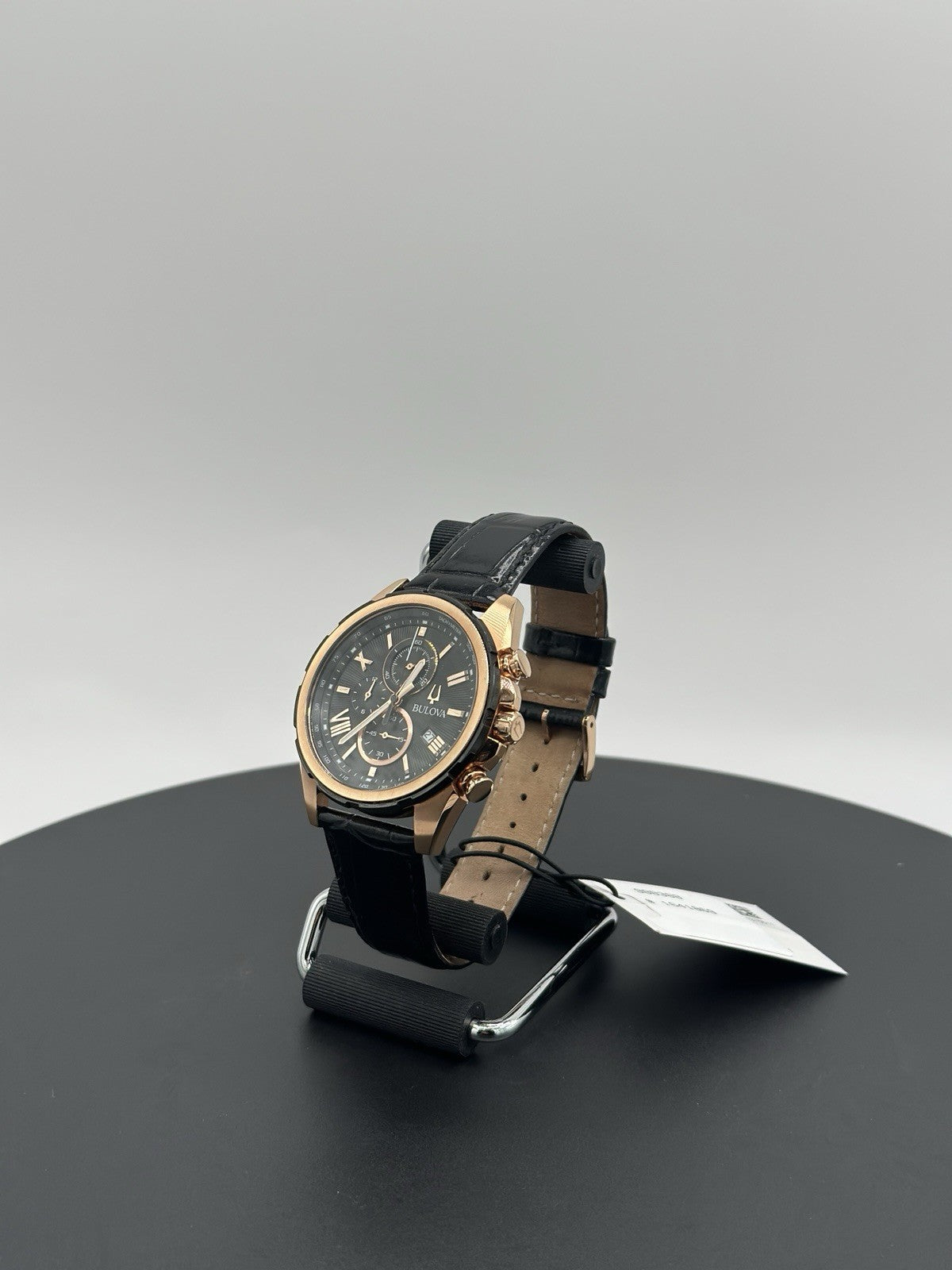 Bulova 98B388 39mm Rose Gold-Tone Stainless Steel Case with Black Leather Strap