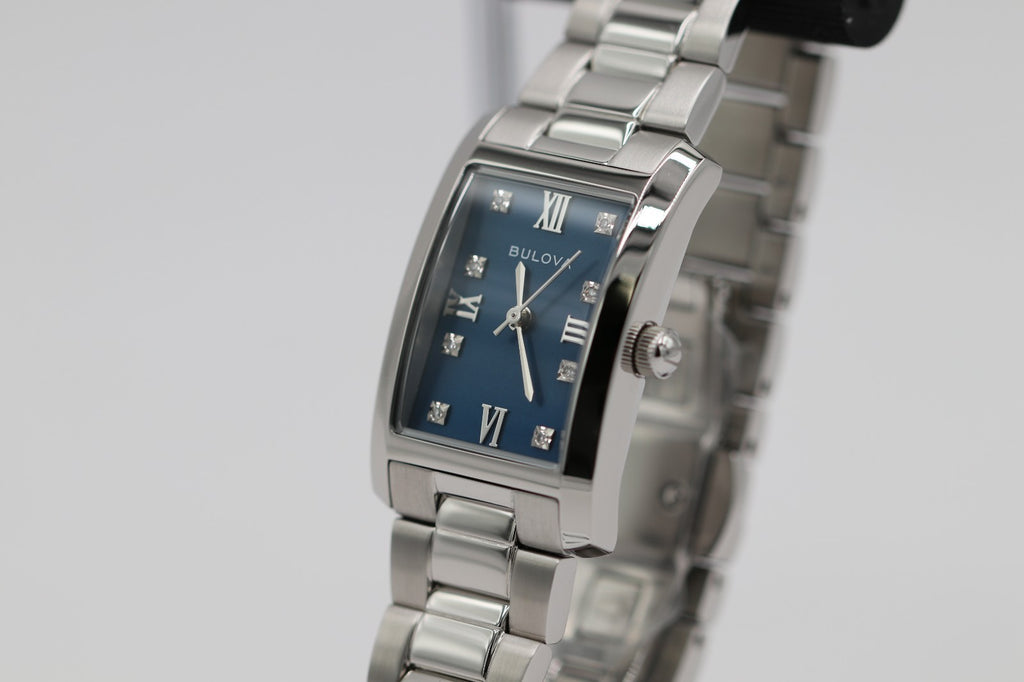 Bulova Classic Blue Abalone Diamond Ladies Tank Watch 96P262 Stainless Quartz