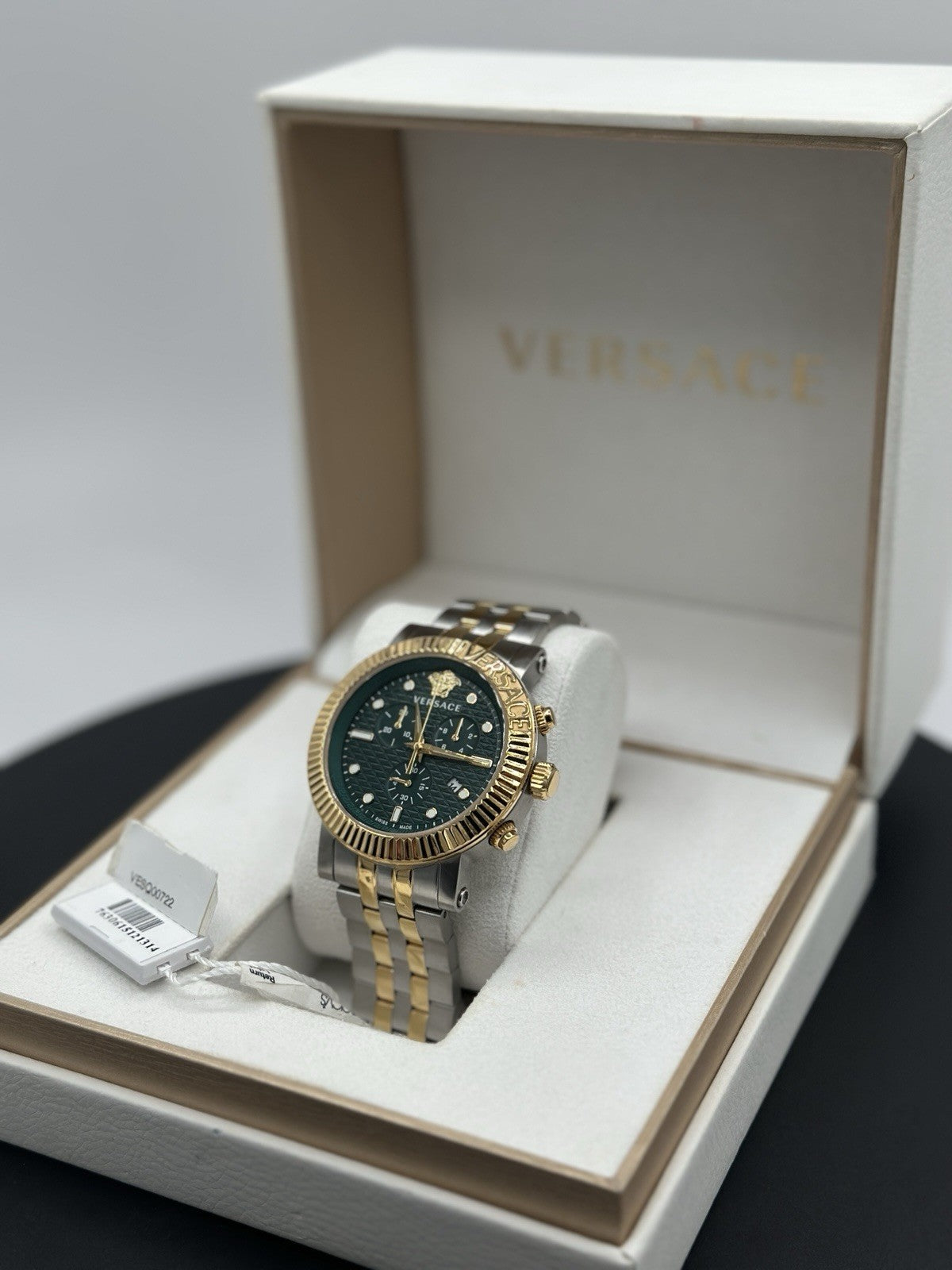 Versace V-Chrono Quartz Green Dial Two Tone Stainless Steel Mens Watch VESQ00722