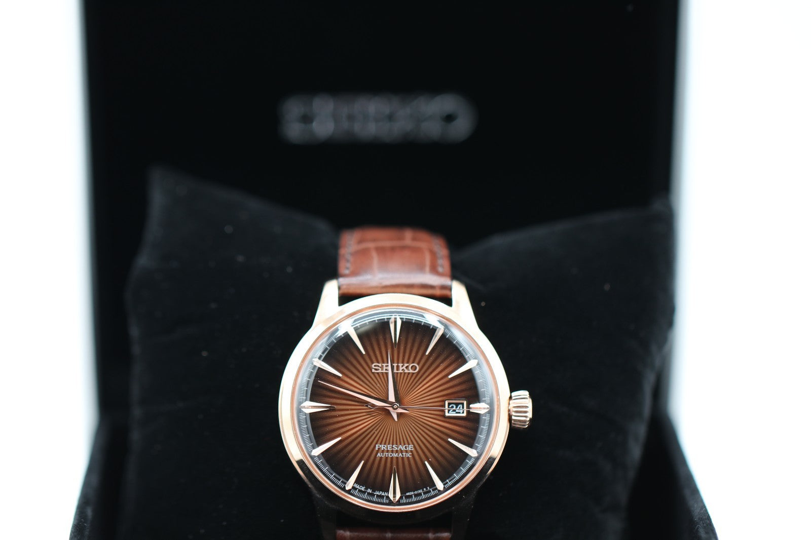 Seiko Men's Presage Automatic Rose Gold Stainless Steel Leather Watch SRPB46
