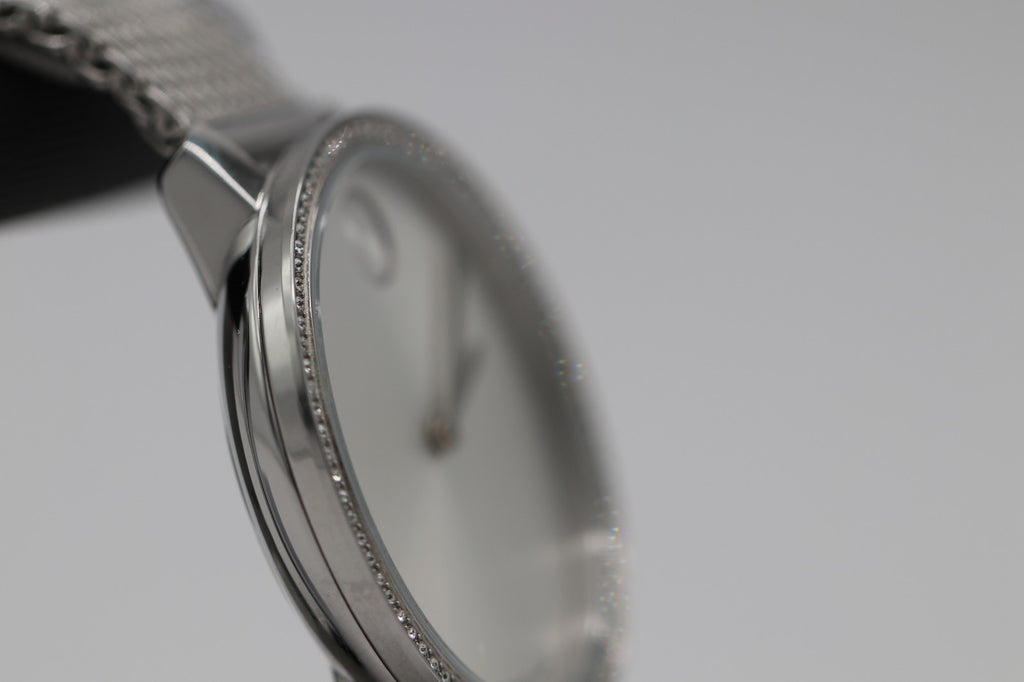 Movado Bold 3600840 Shimmer Silver Dial Mesh Band Crystal Accented Ladies Watch