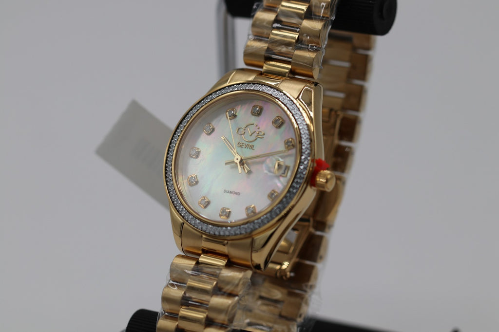 GV2 by Gevril Womens 12422B Turin Diamond MOP Dial IPYG Steel Swiss Quartz Watch