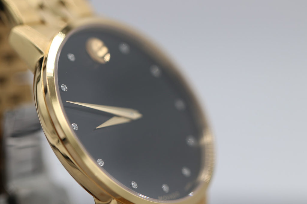 Movado Museum Series Men's Gold Tone Black Dial Diamond Quartz Watch 0607625