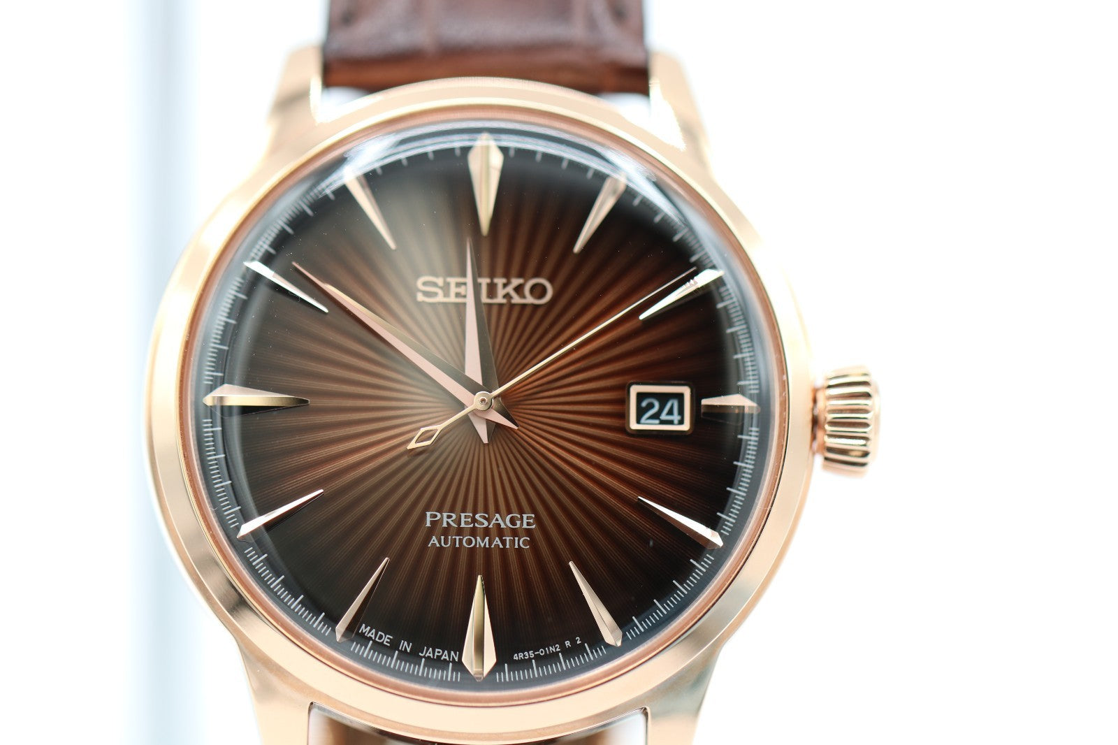 Seiko Men's Presage Automatic Rose Gold Stainless Steel Leather Watch SRPB46