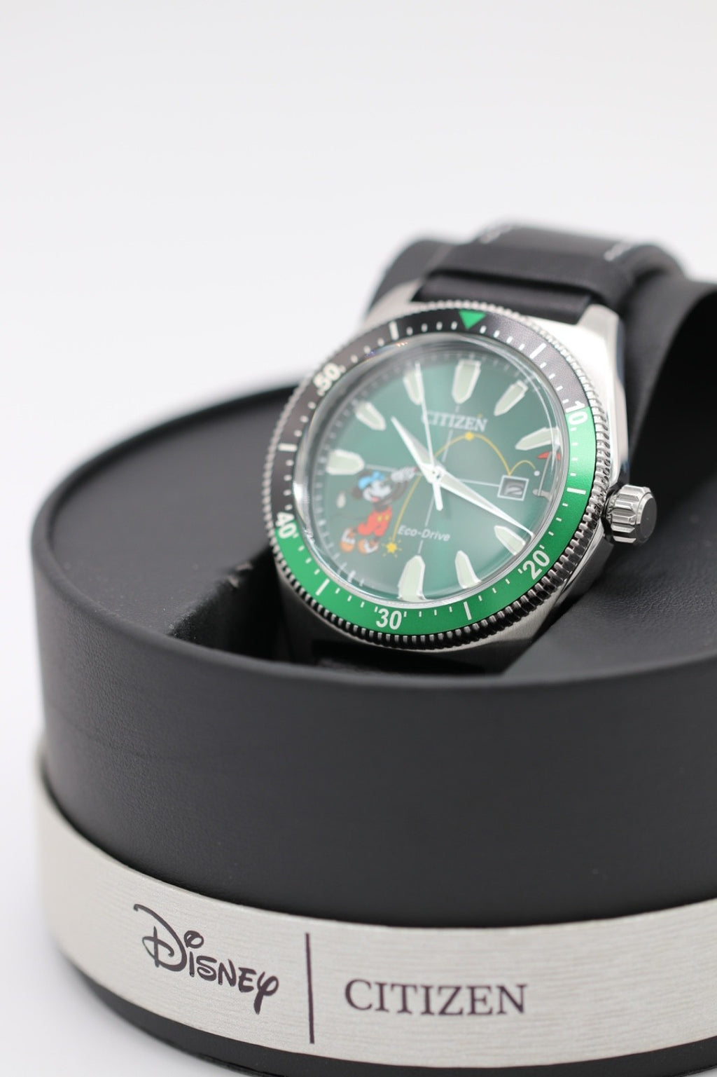 Citizen AW1595-01W Eco-Drive Mickey Mouse Watch Green Dial Black Leather Strap