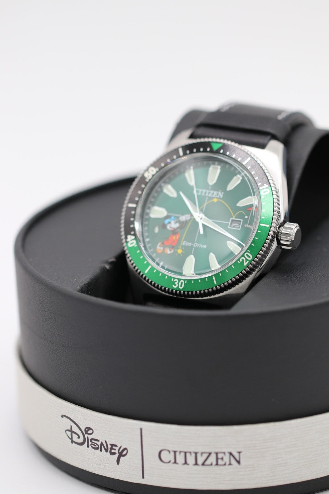Citizen AW1595-01W Eco-Drive Mickey Mouse Watch Green Dial Black Leather Strap