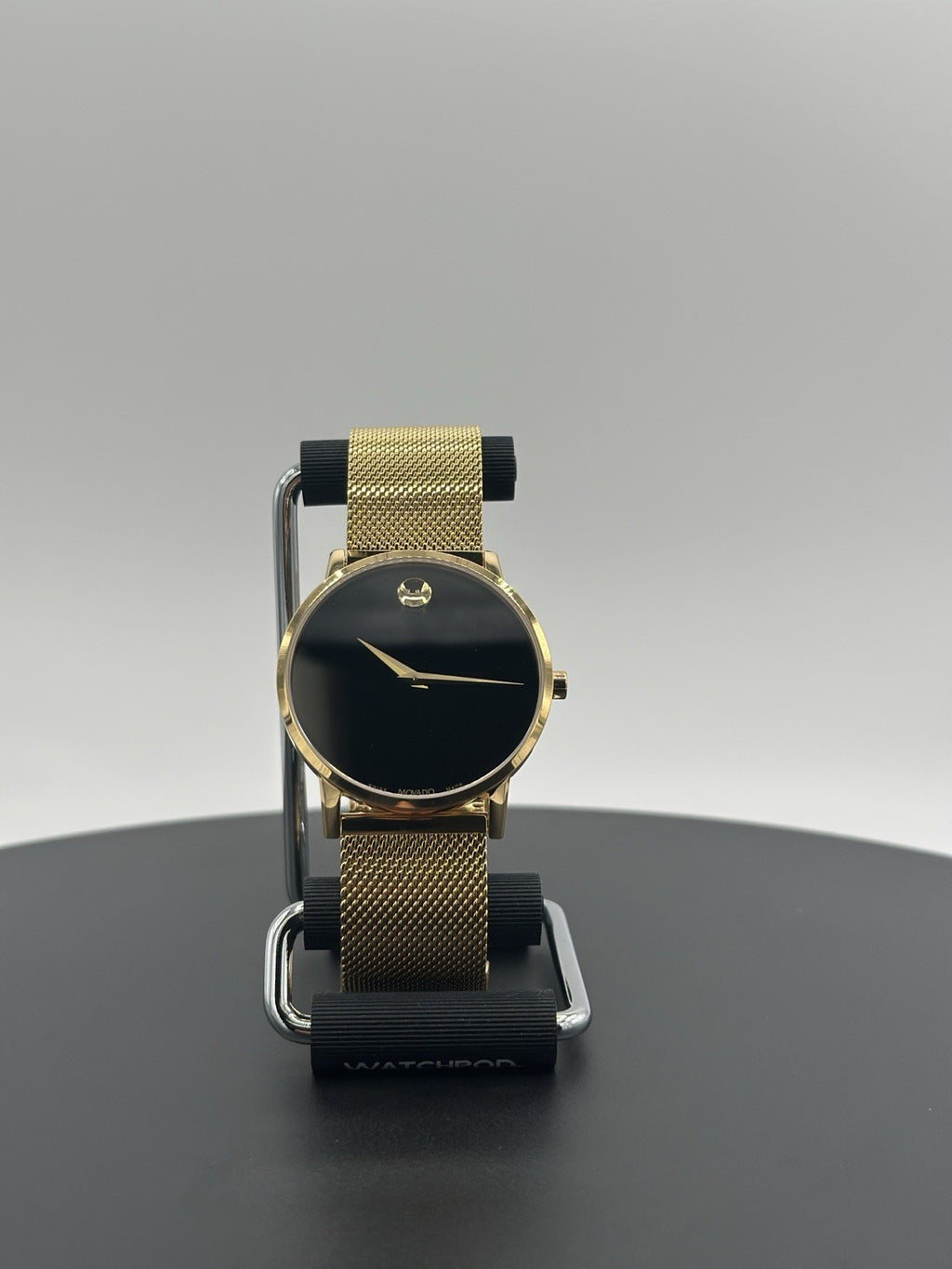 Movado Museum Watch Men 40mm Black Dial Gold Case Round Mesh Band 0607396