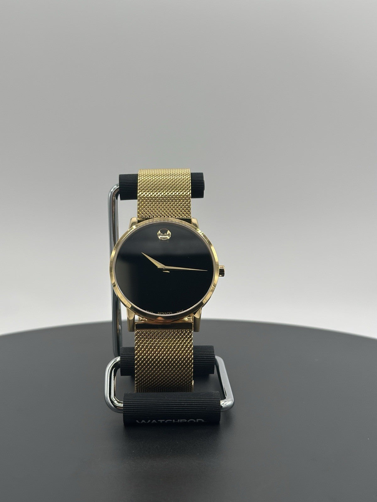 Movado Museum Watch Men 40mm Black Dial Gold Case Round Mesh Band 0607396