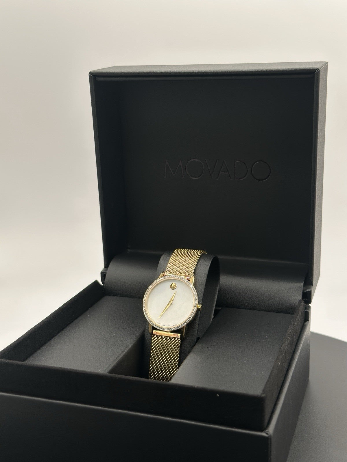 Movado Women's Watch 0607307 White MOP Dial Swiss Quartz Diamond Gold Mesh Band