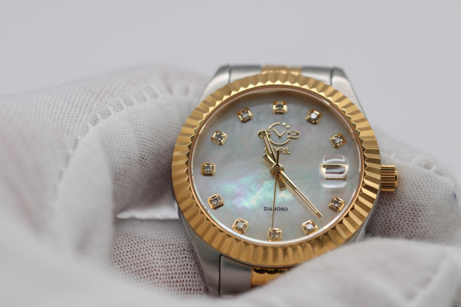 GV2 By Gevril Women's 12404 Naples Diamand White MOP Dial Two Tone Watch